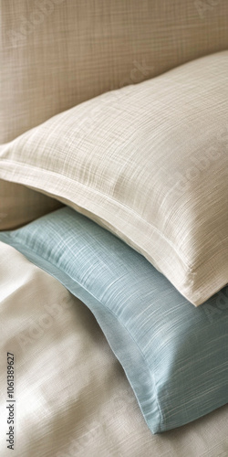 Soft decorative pillows in neutral and pastel colors arranged on a cozy couch at home