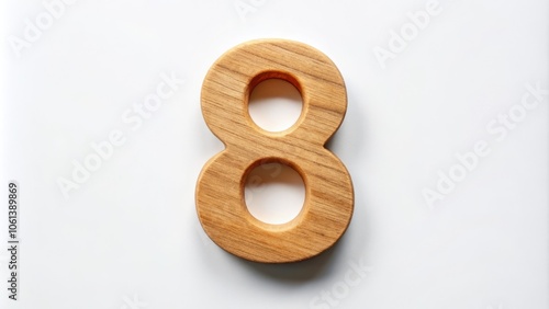 Wooden Digit Eight on White Background, Stylish Home Decor, Natural Wood Grain, Rustic Aesthetic, Numerology, Unique Design, Minimalist Decor, Handmade Craft, Eco-Friendly Material, Modern Interior