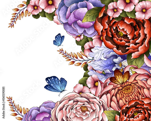 Illustration Colorful Floral Border Frame Background for Banner, Wedding Card, Card Template. Isolated on White Background