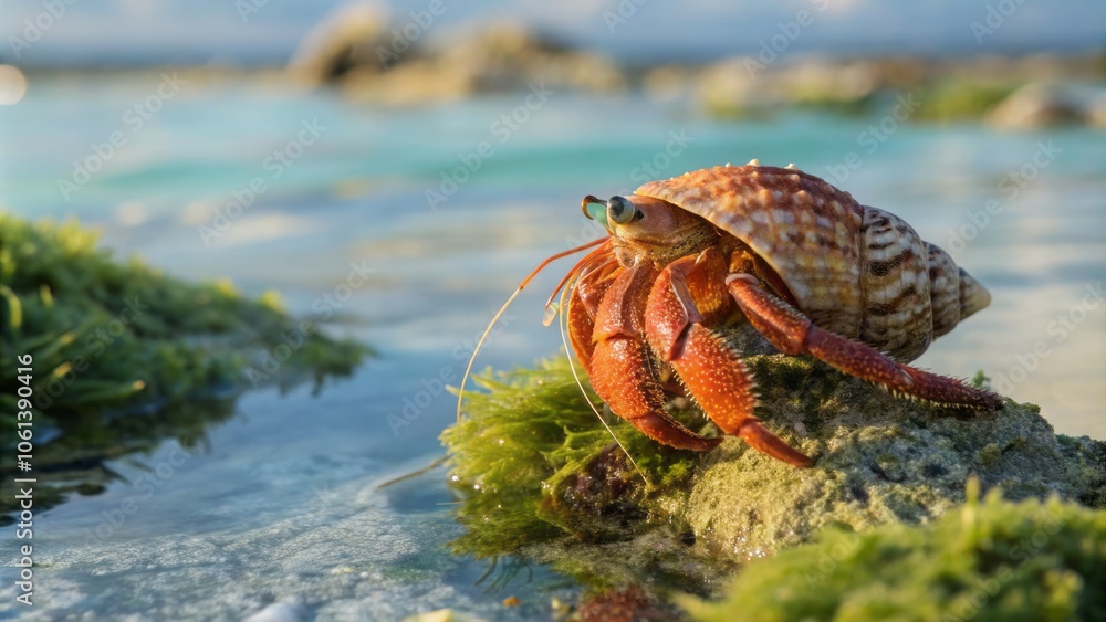 Vibrant Orange-Red Hermit Crab with Delicate Blue-Green Eyes Crawling on Sandy Ocean Floor Vibrant Orange-Red Hermit Crab with Delicate Blue-Green Eyes Crawling on Sandy Ocean Floor