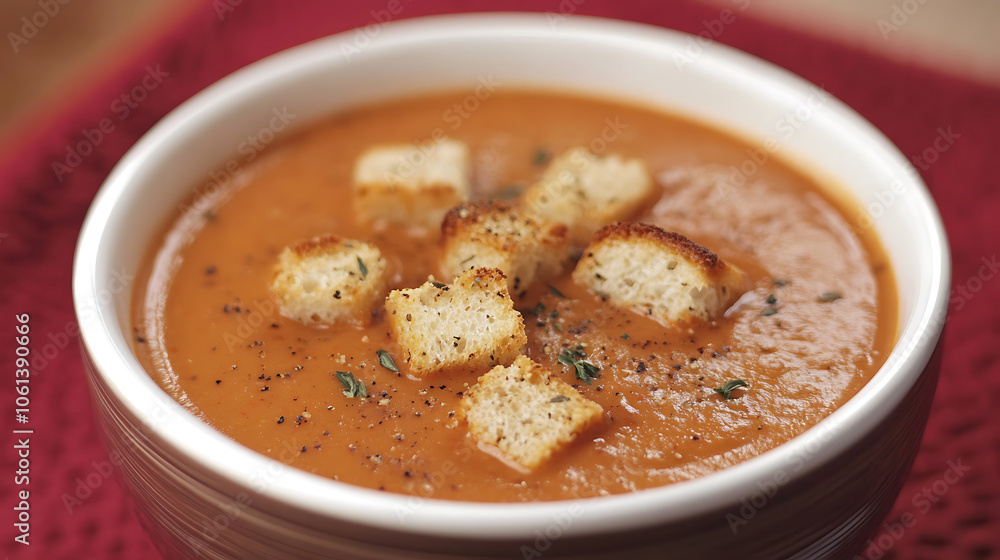Creamy tomato soup with croutons in rustic bowl, perfect for comfort Creamy tomato soup with croutons in rustic bowl, perfect for comfort
