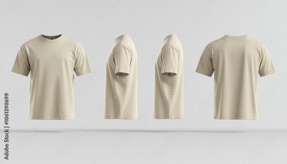 Beige T-shirt mockup with different views on a white background. Beige T-shirt mockup with different views on a white background.