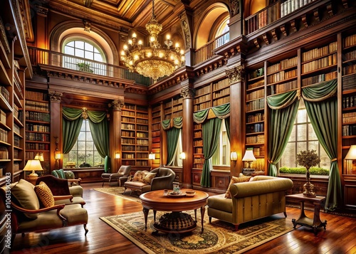 Elegant Historical Library Interior with Grand Architecture, Antique Books, Warm Lighting, and Classic Furnishings for Timeless Ambiance and Sophisticated Atmosphere