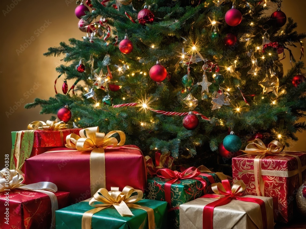 A beautifully decorated Christmas tree with presents neatly arranged beneath it, creating a festive and joyful holiday atmosphere A beautifully decorated Christmas tree with presents neatly arranged beneath it, creating a festive and joyful holiday atmosphere