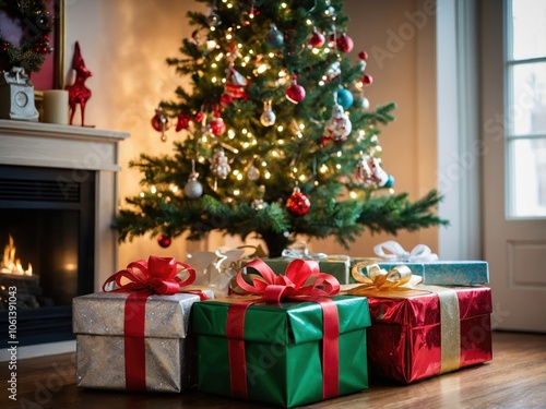 A beautifully wrapped gift box with a festive ribbon sits under a glowing Christmas tree  surrounded by ornaments and sparkling lights