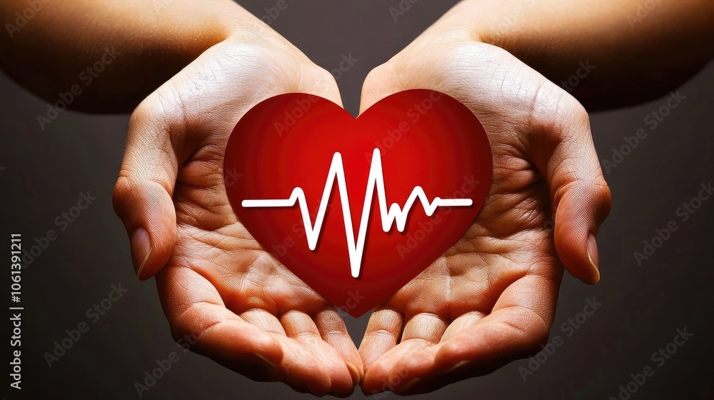 Obraz premium Hands holding heart symbol with heartbeat line, concept of love and health.