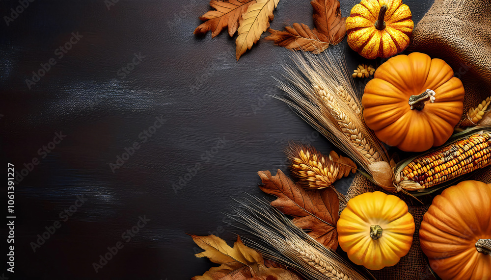 Fototapeta premium Rustic Thanksgiving background with roasted turkey, Pumpkins, Corn and leaves on the table
