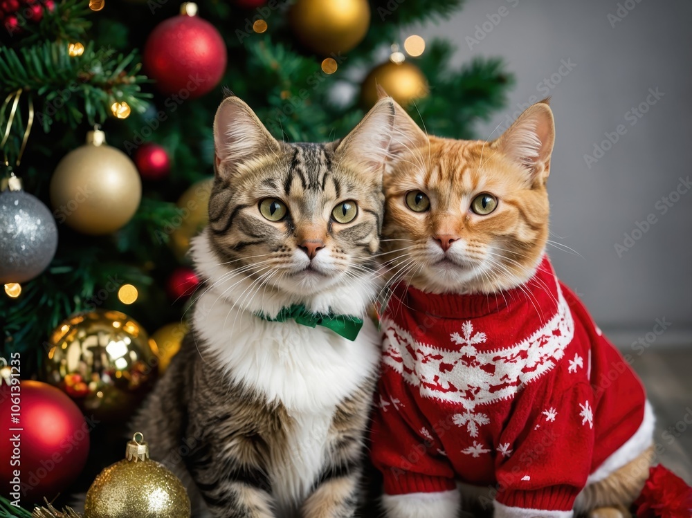 Cats surrounded by Christmas decorations, including a festive tree, ornaments, and twinkling lights, creating a cozy and joyful holiday atmosphere Cats surrounded by Christmas decorations, including a festive tree, ornaments, and twinkling lights, creating a cozy and joyful holiday atmosphere