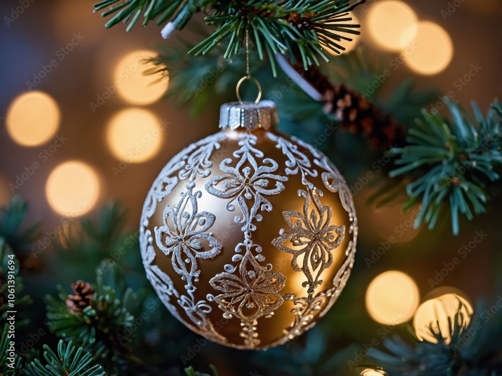 A beautifully crafted Christmas ornament with intricate details and vibrant colors, hanging delicately on a festive tree branch, enhancing holiday charm A beautifully crafted Christmas ornament with intricate details and vibrant colors, hanging delicately on a festive tree branch, enhancing holiday charm