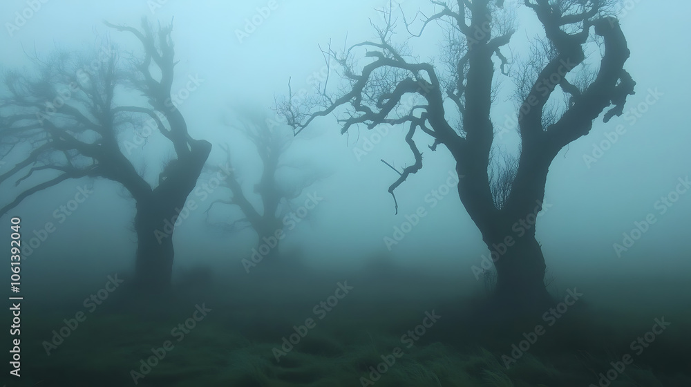A foggy meadow scattered with eerie silhouettes of ancient trees.
