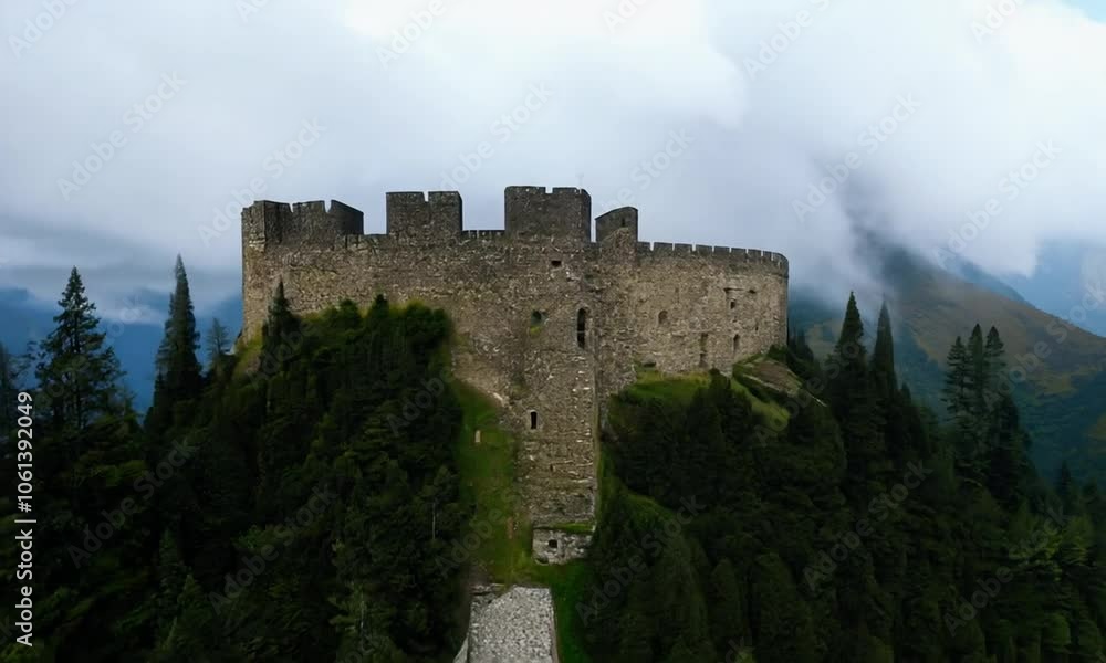 Tale Old castle on top of the mountain in the middle of the forest. Surviving traces of the old world. Generative AI Tale Old castle on top of the mountain in the middle of the forest. Surviving traces of the old world. Generative AI