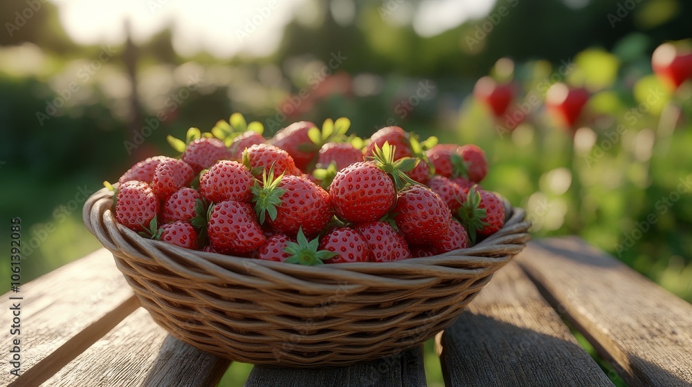 A basket full of red strawberries on a wooden table A basket full of red strawberries on a wooden table