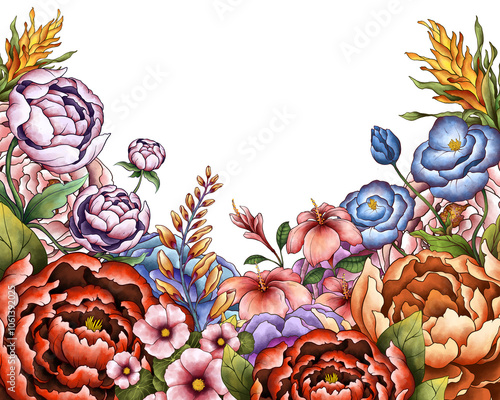 Illustration Colorful Floral Border Frame Background for Banner, Wedding Card, Card Template. Isolated on White Background