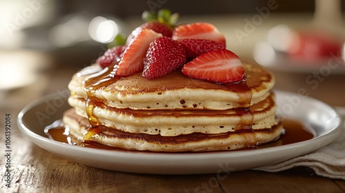 A stack of pancakes with strawberries and syrup on top