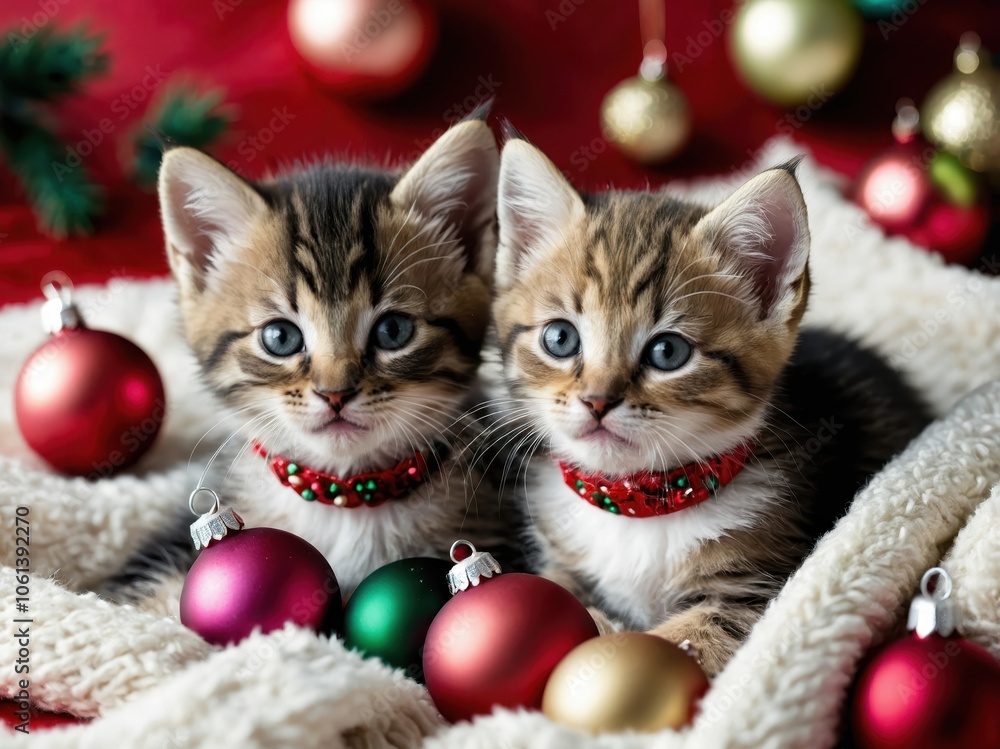 Cats surrounded by Christmas decorations, including a festive tree, ornaments, and twinkling lights, creating a cozy and joyful holiday atmosphere Cats surrounded by Christmas decorations, including a festive tree, ornaments, and twinkling lights, creating a cozy and joyful holiday atmosphere