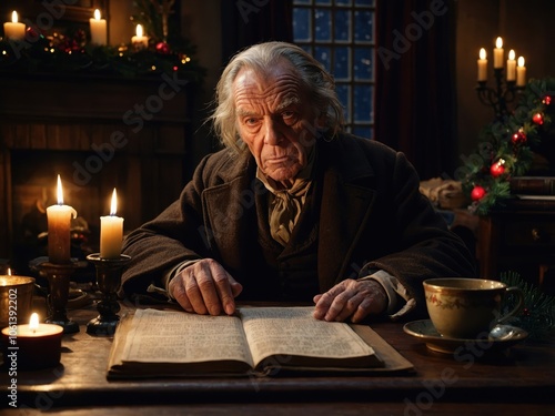 Ebenezer Scrooge sitting at his desk in his office, surrounded by shadows, embodying the cold, miserly character from Charles Dickens' A Christmas Carol