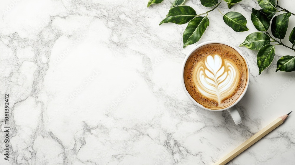 Cozy Coffee with Leafy Background on Marble Surface Cozy Coffee with Leafy Background on Marble Surface