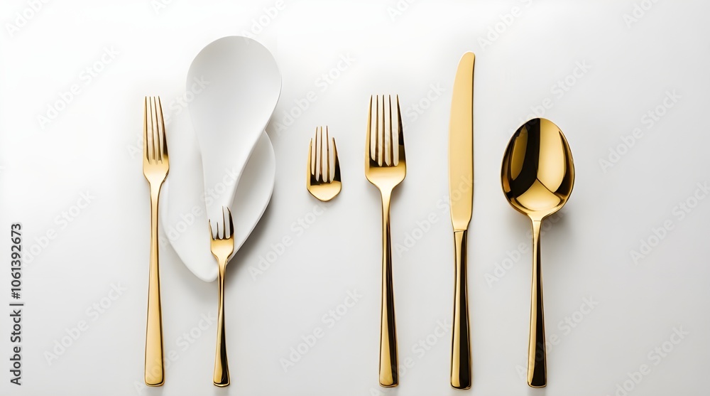 A simple and elegant gold spoon and fork set placed diagonally.generative.ai A simple and elegant gold spoon and fork set placed diagonally.generative.ai