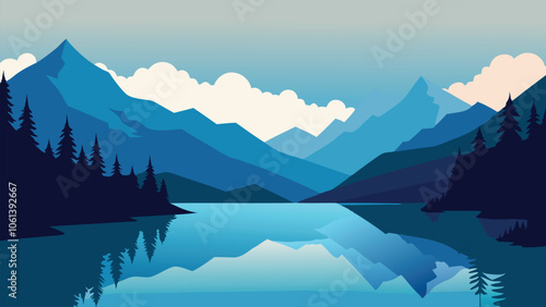 Lake nestled among majestic mountains and lush trees, reflecting the beauty of nature flat vector illustration.