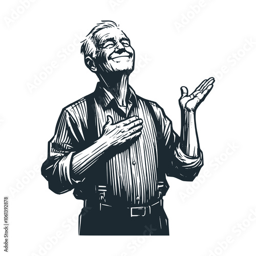 Grandpa smiled happily. Black white vector illustration.