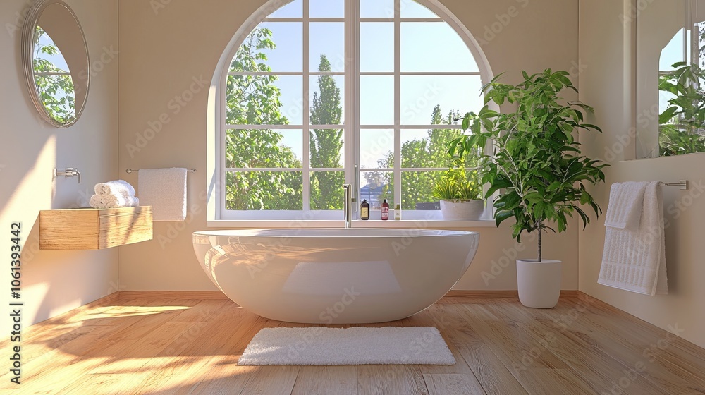 Modern Bathroom with Round Mirror, Window, and Wooden Floor . Modern Bathroom with Round Mirror, Window, and Wooden Floor .