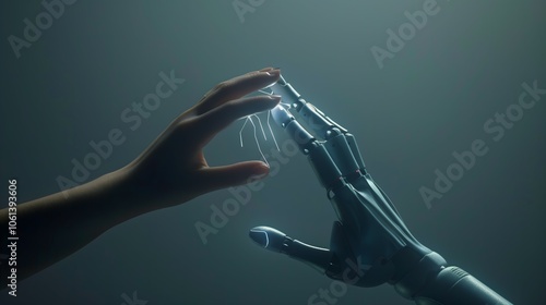 a human hand reaching out to touch a robotic hand against a dark, gradient background