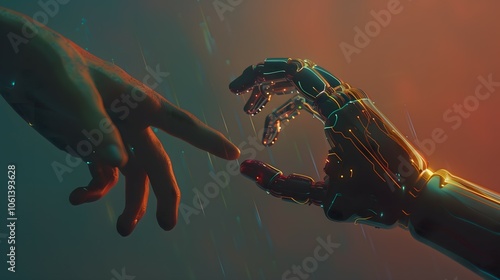 a human hand reaching out to touch a robotic hand against a dark, gradient background