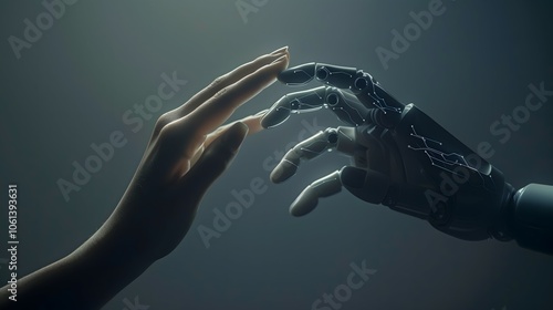 a human hand reaching out to touch a robotic hand against a dark, gradient background
