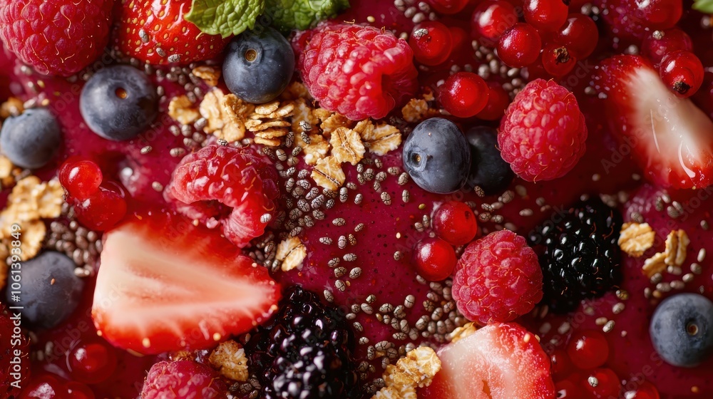 Close-up of a colorful smoothie bowl topped with berries, chia seeds, and granola, showcasing textures and colors that emphasize the freshness of ingredients