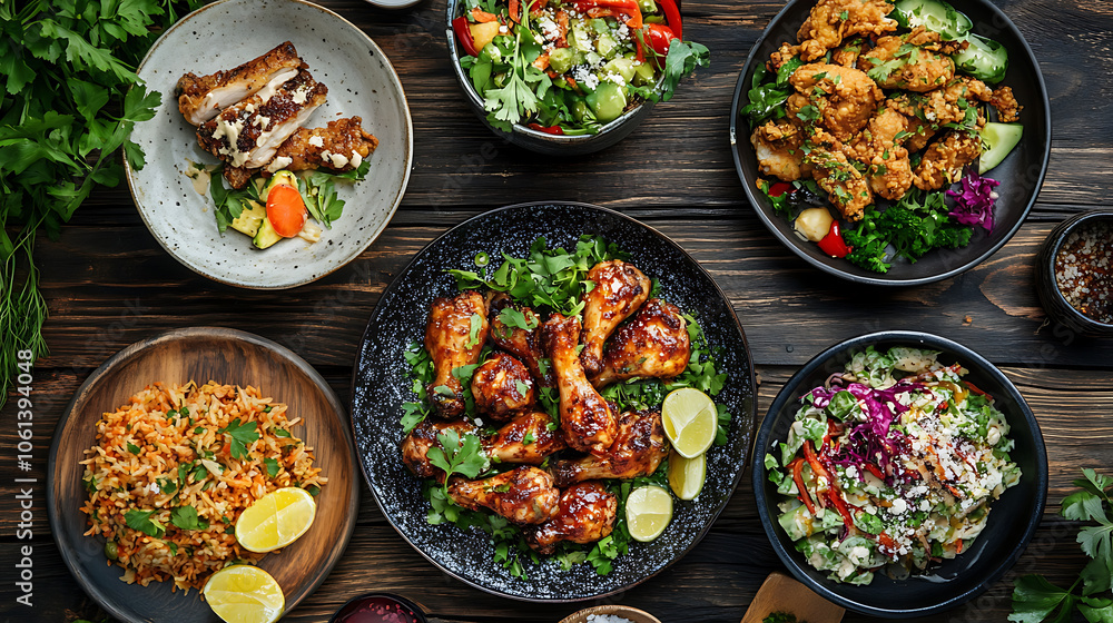 Delicious fried chicken, fresh salads, and flavorful rice create vibrant feast Delicious fried chicken, fresh salads, and flavorful rice create vibrant feast