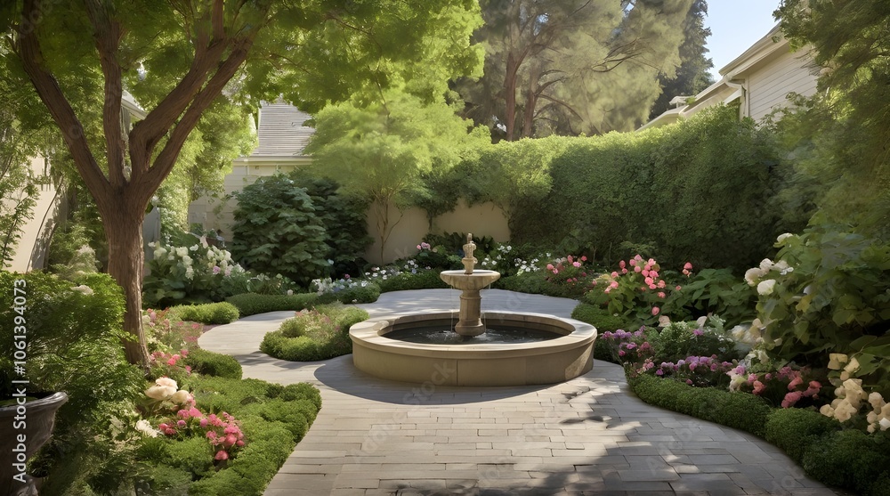 Serene back garden design featuring a small fountain flowers and shady trees.generative.ai Serene back garden design featuring a small fountain flowers and shady trees.generative.ai