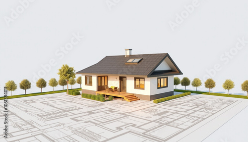 Dream house, 3D model on blueprint, ready for construction and sale