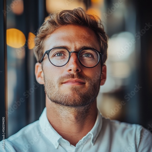 Portrait of a Young Man with Glasses Looking Up Confident Thoughtful Success