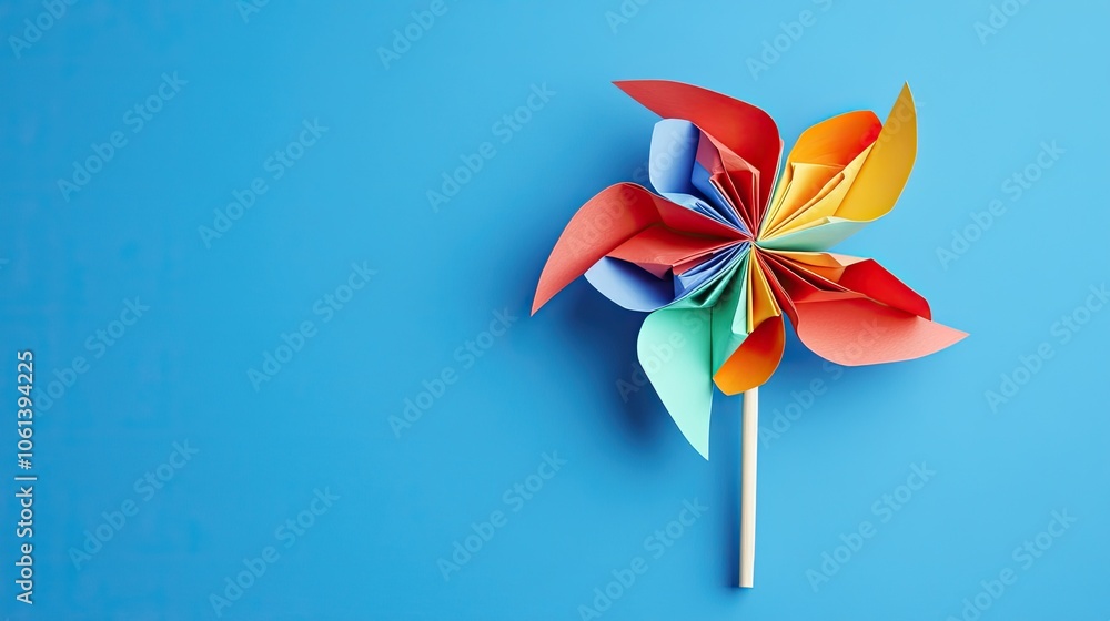 Colorful Paper Pinwheel on Blue Background Colorful Paper Pinwheel on Blue Background