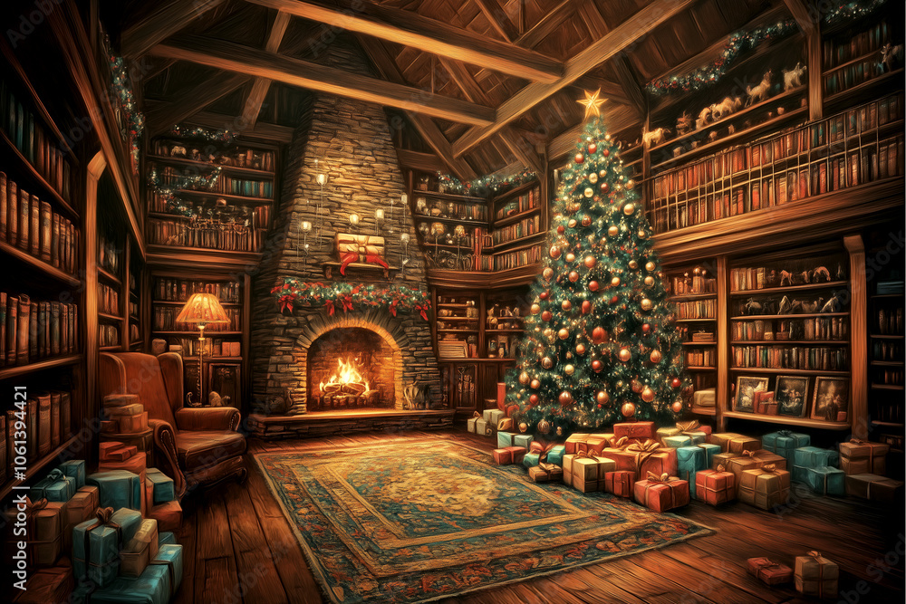 A cozy room with a fireplace and a Christmas tree. The room is filled with bookshelves and a chair A cozy room with a fireplace and a Christmas tree. The room is filled with bookshelves and a chair