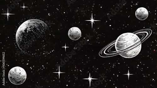 Black and white animation of outer space.