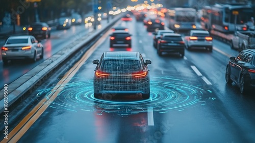 Futuristic concept of autonomous car navigating through busy city streets