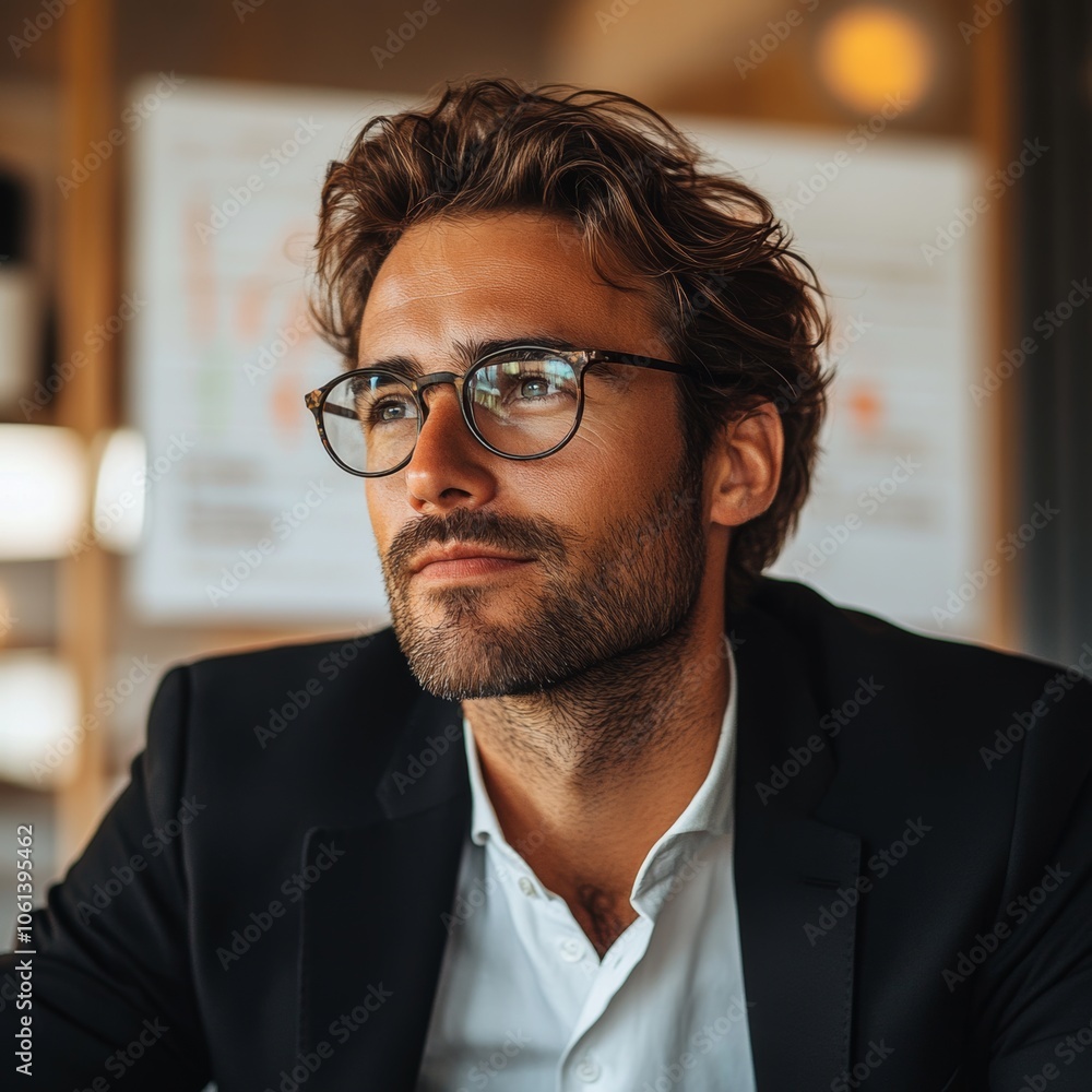 Thoughtful Businessman in Glasses Looking Up Portrait Close up Thoughtful Businessman in Glasses Looking Up Portrait Close up