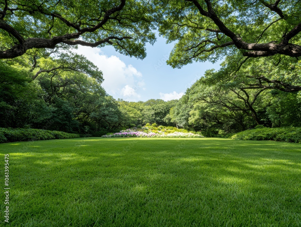 Fototapeta premium lush green park with manicured lawn and canopy of trees