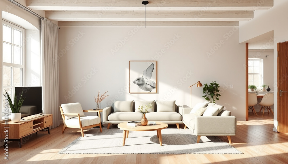 Fototapeta premium Modern living room interior with fireplace, featuring a comfortable sofa, elegant furniture, and stylish decor