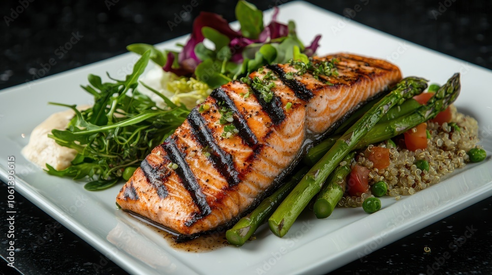 Beautifully plated grilled salmon with asparagus, quinoa, and a side of fresh greens, showcasing a balanced, nutrient-rich meal ideal for health-conscious dining Beautifully plated grilled salmon with asparagus, quinoa, and a side of fresh greens, showcasing a balanced, nutrient-rich meal ideal for health-conscious dining