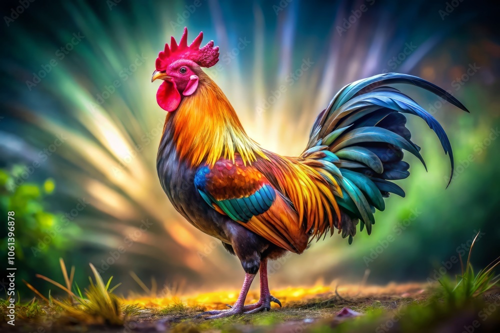 Long Exposure Portrait of a Rooster Symbolizing Male Virility, Strength, and Confidence in Nature, Vibrant Colors and Dynamic Motion Capture, Animal Symbolism Long Exposure Portrait of a Rooster Symbolizing Male Virility, Strength, and Confidence in Nature, Vibrant Colors and Dynamic Motion Capture, Animal Symbolism