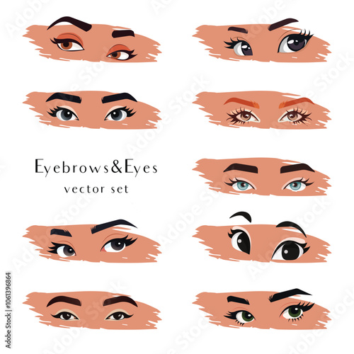 Realistic and cartoon female eyebrows and eyes from different angles and different emotions. Vector set.
