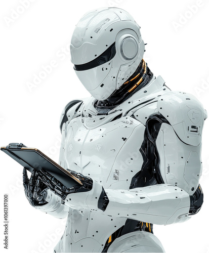 futuristic robot stands confidently, holding tablet in its hands. sleek design features glossy white exterior with intricate mechanical details, showcasing advanced technology and innovation