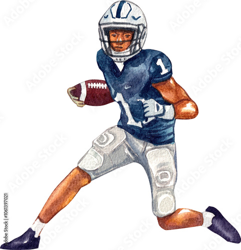 Rugby player in a blue uniform holding a rugby ball while running, hand-drawn watercolor painting illustration