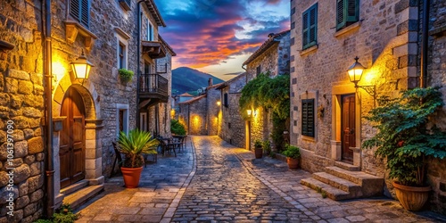 Enchanting Night Photography of a Charming Small Street in Montenegro, Europe – Capture the Beauty of Twilight with Cobblestone Paths, Historic Architecture, and Soft Glowing Lights