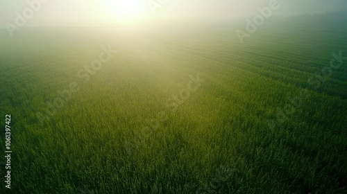 Misty Green Fields at Sunrise Light Glow