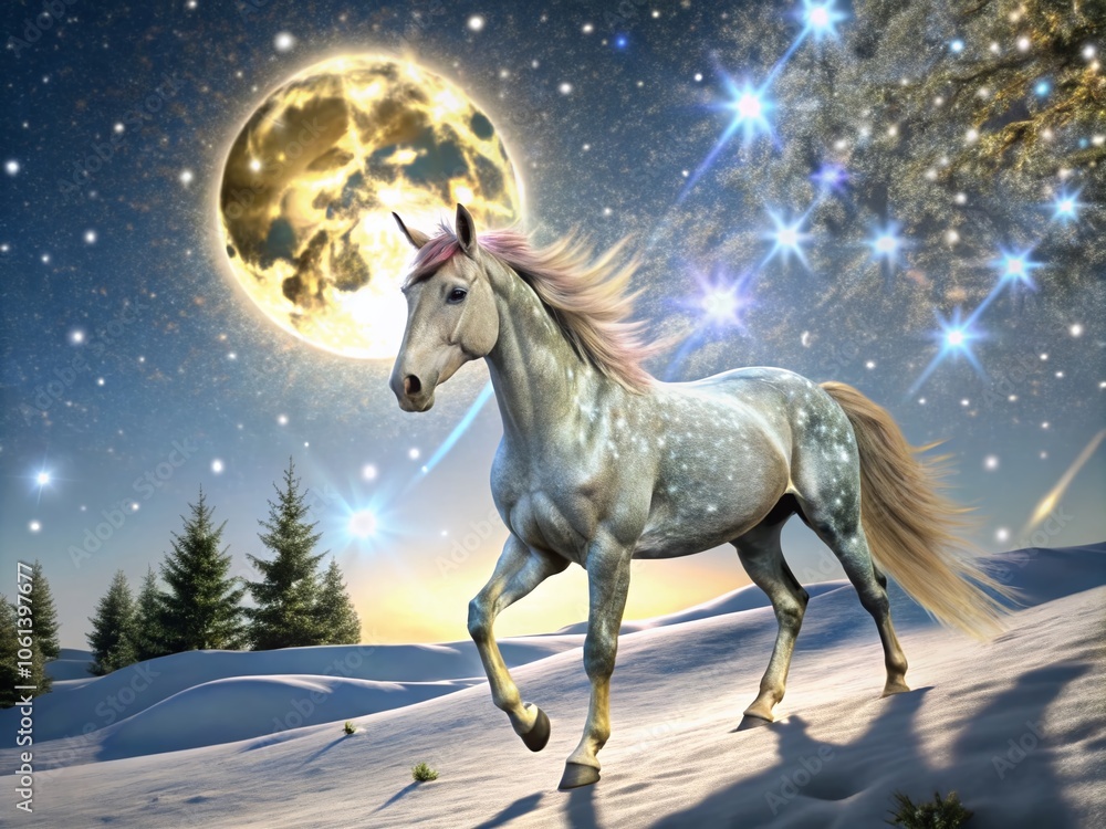 Fototapeta premium Enchanting Winter Unicorn with Starry Coat Under Full Moon in Snowy Landscape – Magical Fantasy Scene, Aerial Photography, Serene Night, Mystical Creatures
