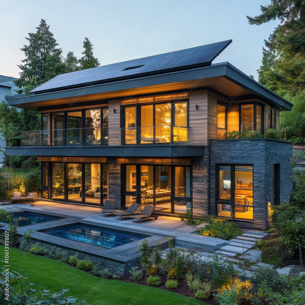 Modern Luxury Home with Pool and Solar Panels Evening Exterior Modern Luxury Home with Pool and Solar Panels Evening Exterior