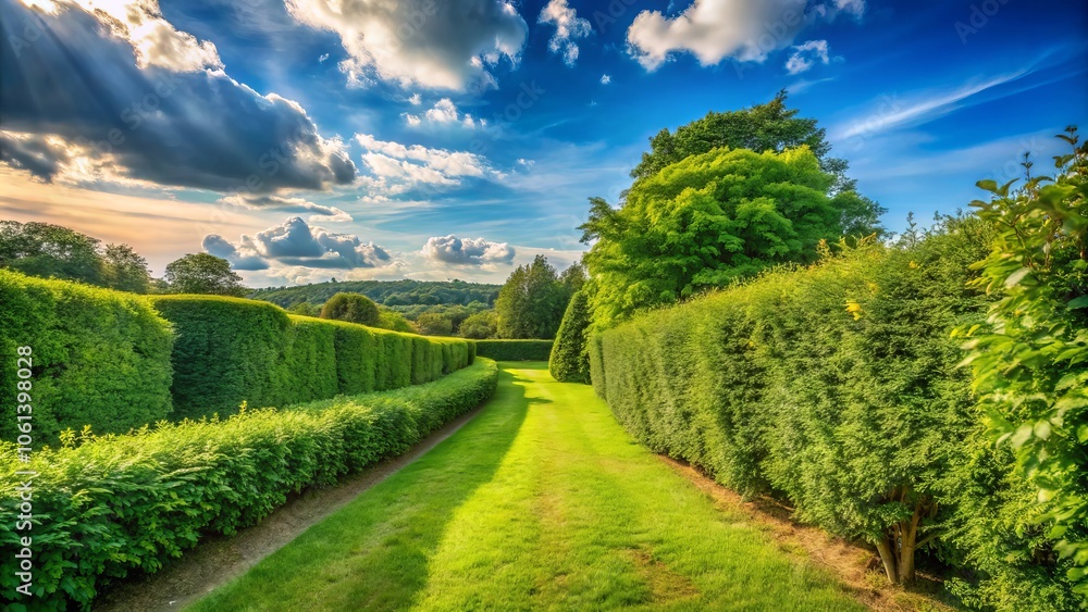 Fototapeta premium Lush Green Hedge in Scenic Countryside Landscape with Clear Blue Sky - Organic Boundary in Rural Setting, Fashion Photography Inspiration for Nature Lovers